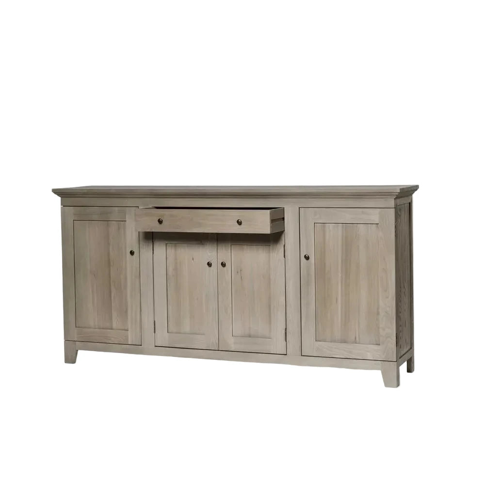 Wooden sideboard with two doors and a drawer on a white background