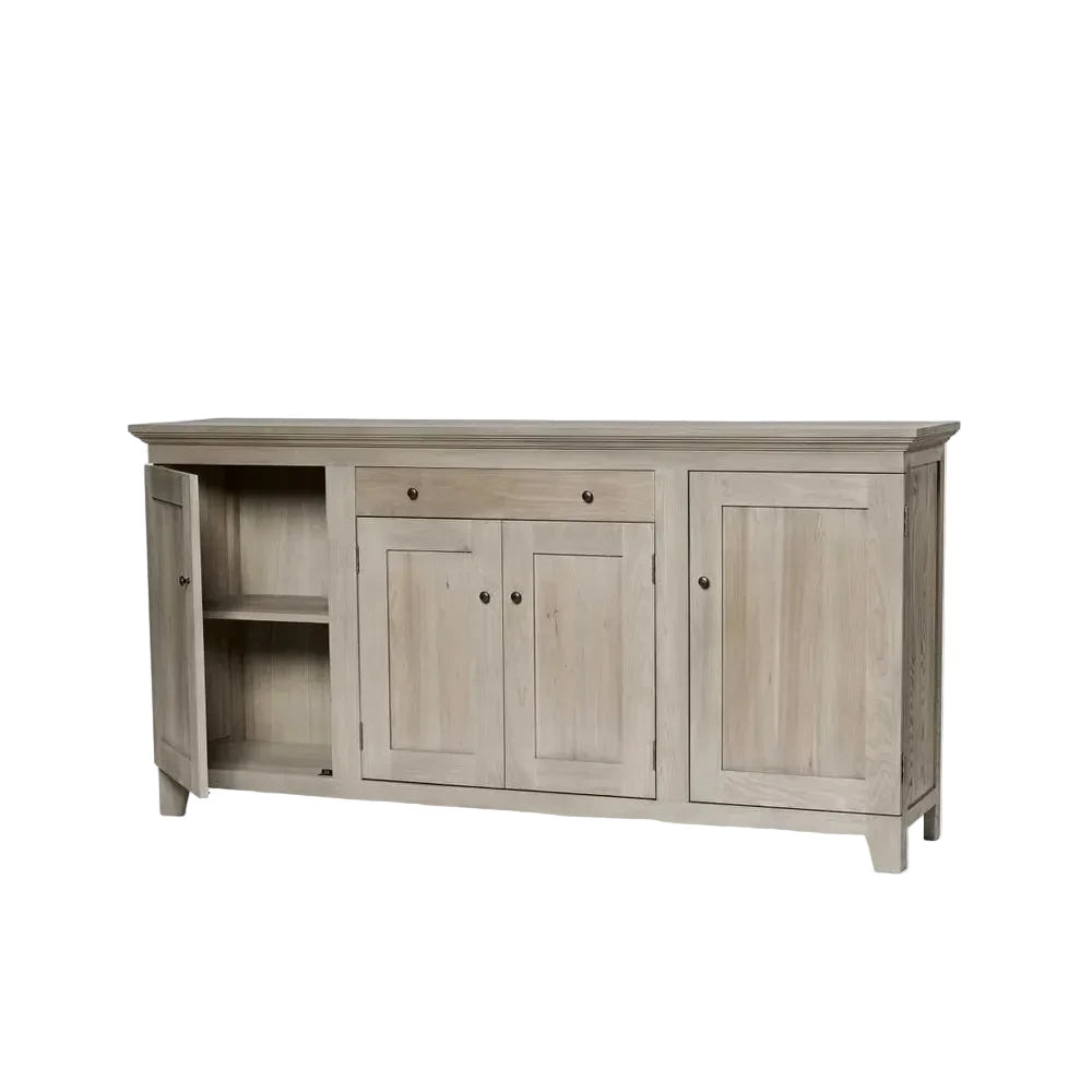 Wooden sideboard with doors and shelves on a white background