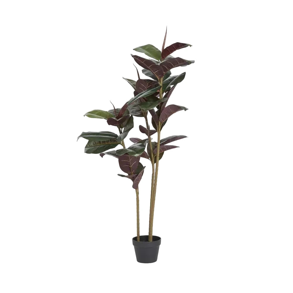 Artificial potted plant with dark green leaves on a white background