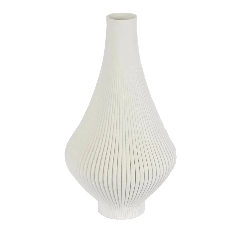 White ribbed vase on a light gray background