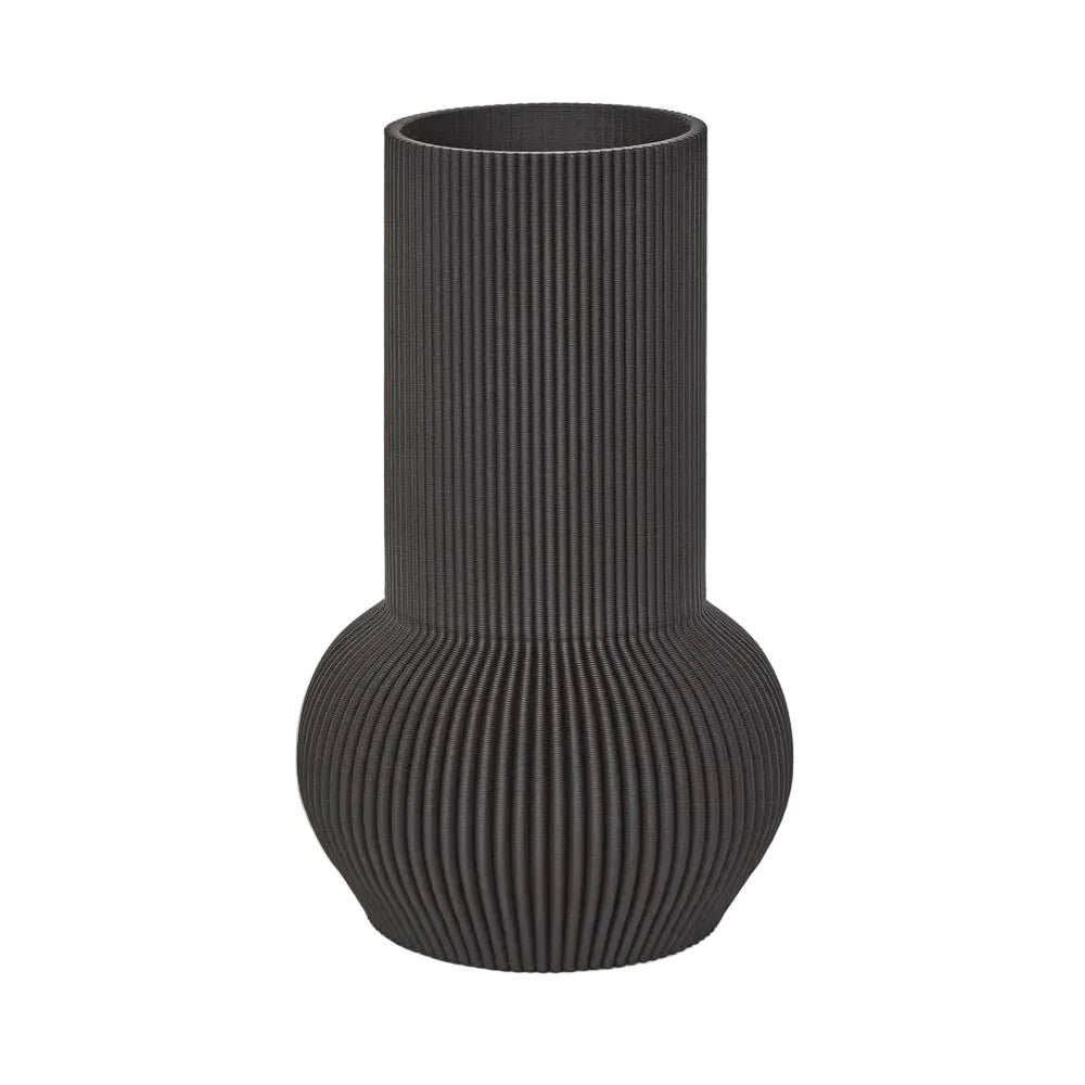 Black ribbed vase on a light gray background