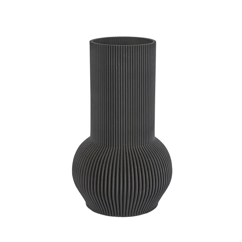 Black ribbed vase on a light gray background