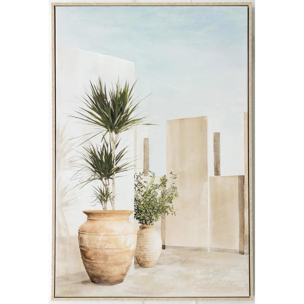 Framed artwork of potted plants and vases against a light background