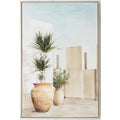Framed artwork of potted plants and vases against a light background