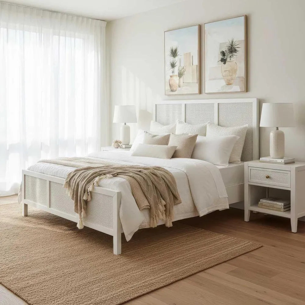 Neatly made bed with white bedding and beige blanket in a bright bedroom.
